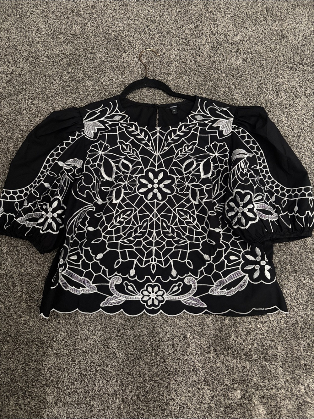 Express Black Blouse with White Floral Embroidery